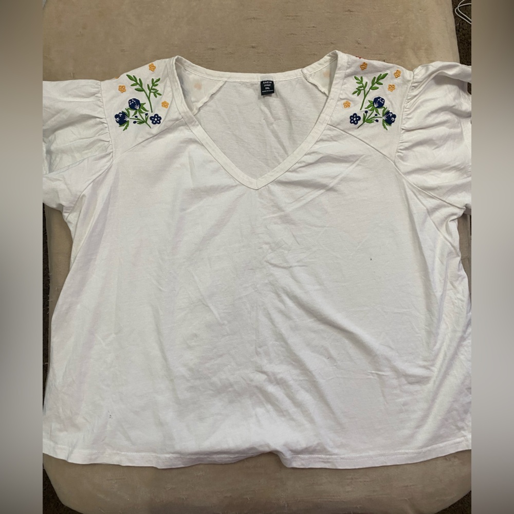 SHEIN White Blouse with Blue and Yellow Floral Embroidery
